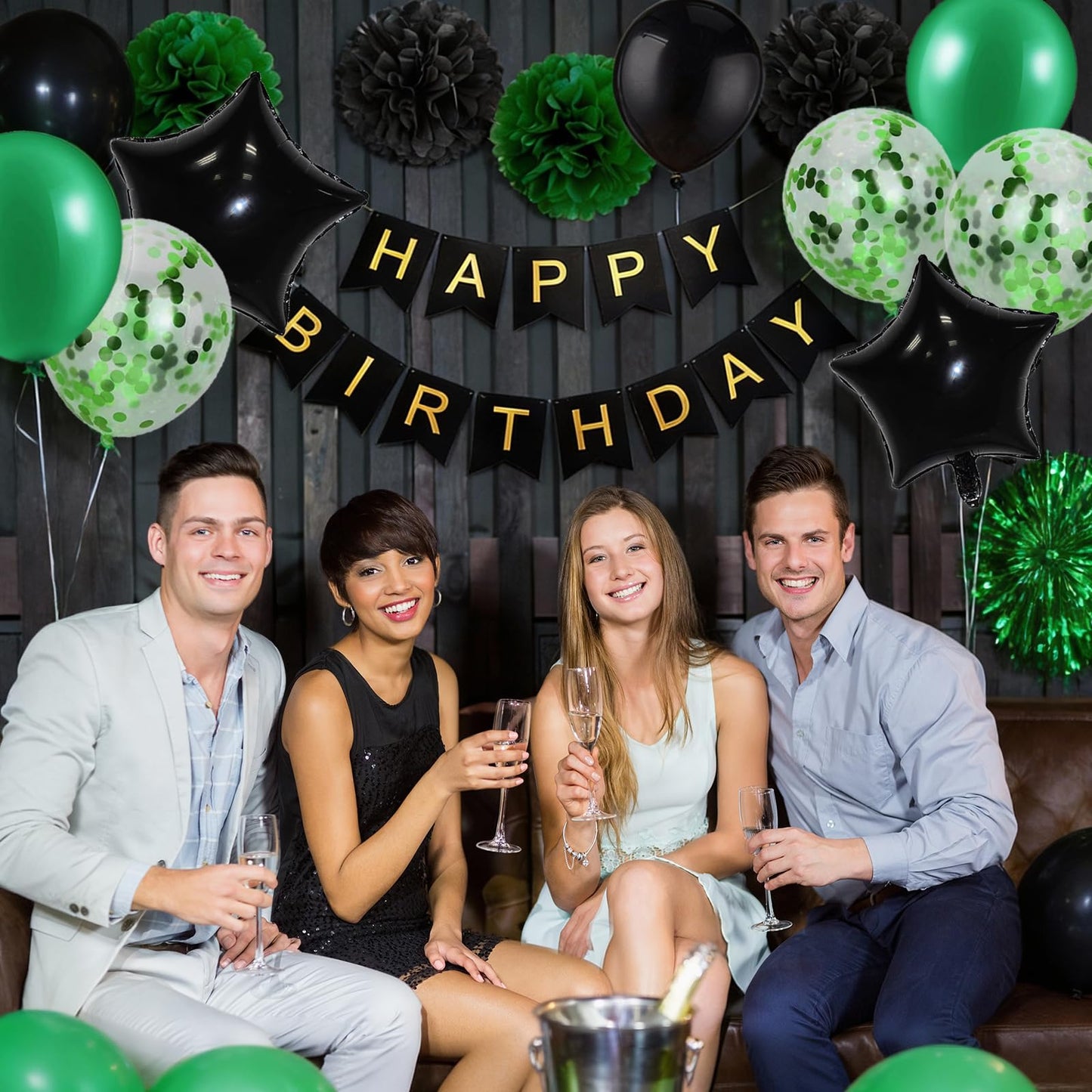 Rabbmall Birthday Decorations for Men Green and Black Party Decor Supplies Including Happy Birthday Banner Confetti Latex Balloon Foil Balloon