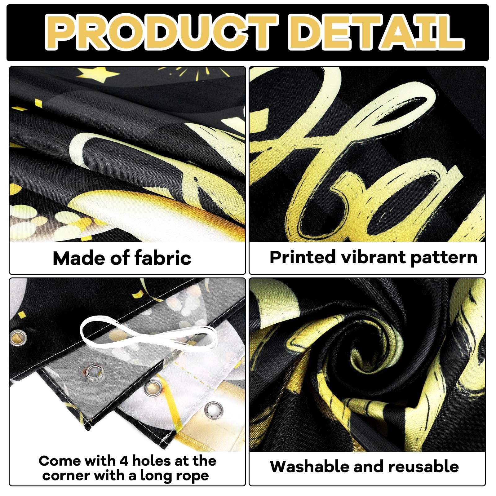 Happy 90th Birthday Banner for Men Women Sign Black Gold Glitter 90 Years Old Birthday Party Decorations Supplies Anniversary Celebration Backdrop