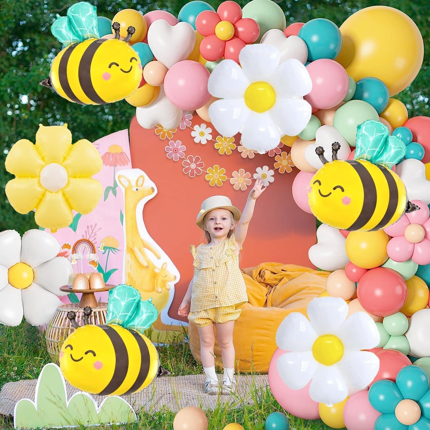 Bee Balloons and Daisy Flower Balloons - 8 Pcs Yellow and Black Bumble bee Foil balloons for Baby Shower, Bee Themed Birthday Party Decorations