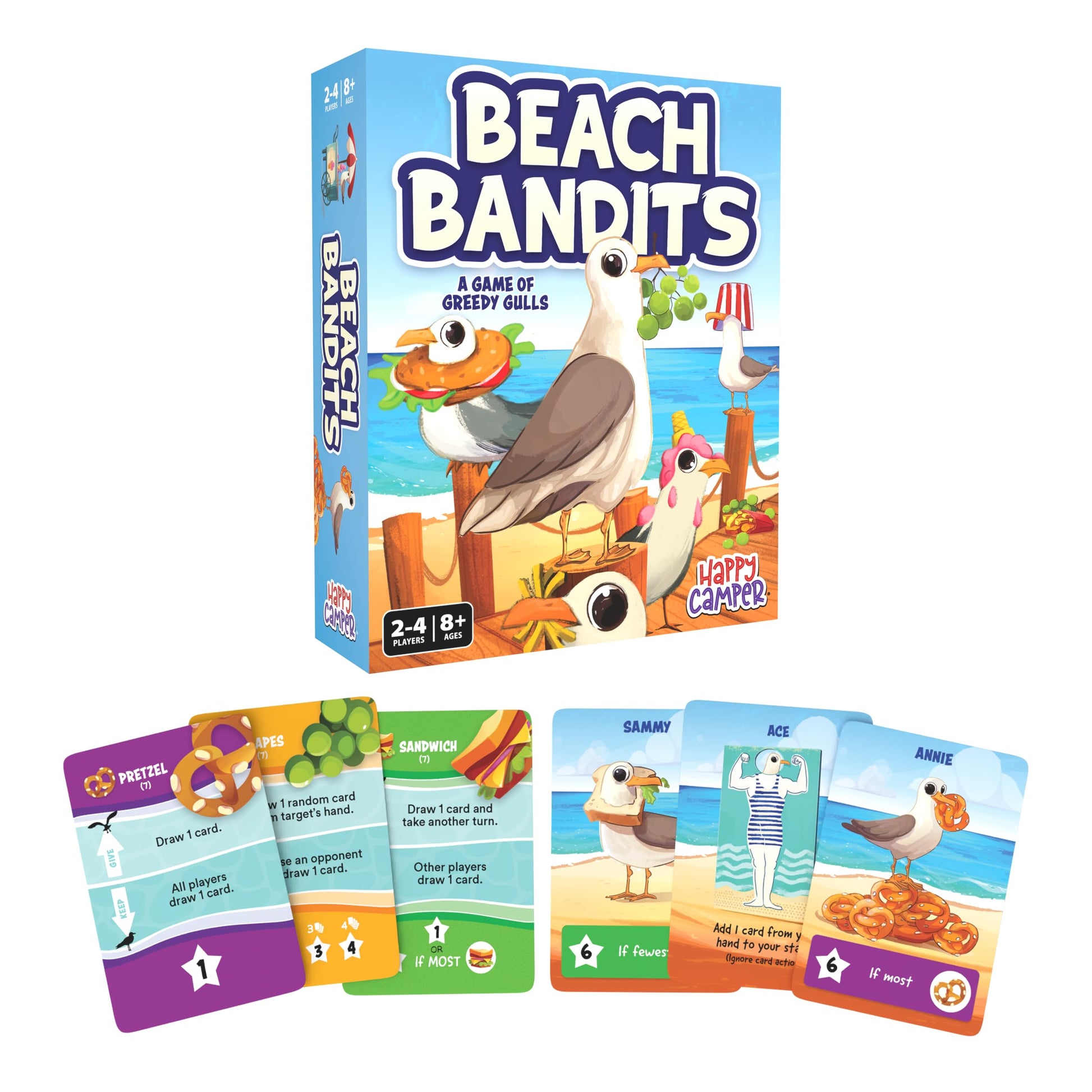 Happy Camper - Beach Bandits - A Game of Greedy Gulls | Hilarious Seagull Card Game for Summer Travel and Family Game Night | 2-4 Players Ages 8+