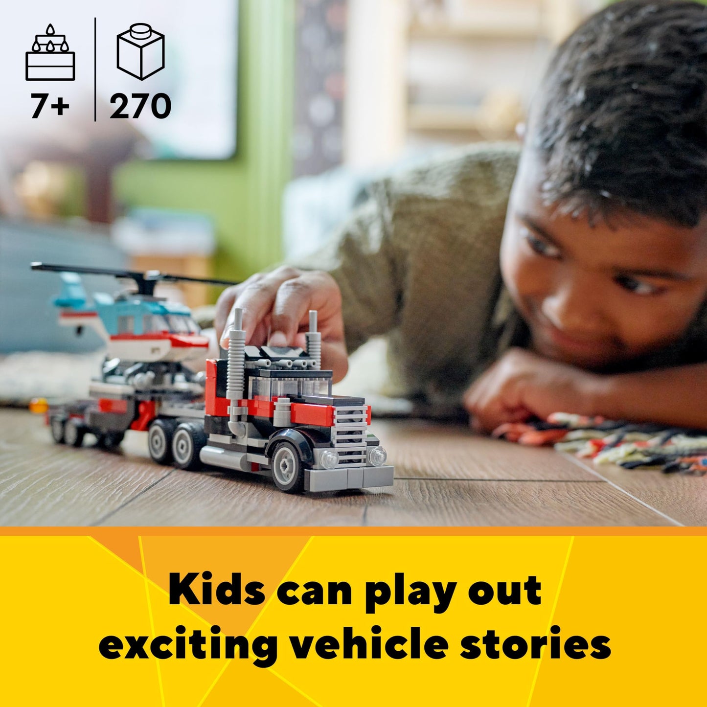 LEGO Creator 3 in 1 Flatbed Truck with Helicopter Toy, Transforms from Flatbed Truck Toy to Propeller Plane to Hot Rod and SUV Cars, Gift Idea