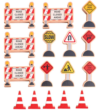 16 Pc Wooden Construction Signs and Traffic Cones - Construction Site Road Signs -Community Helpers Educational Preschool Street Track Accessories