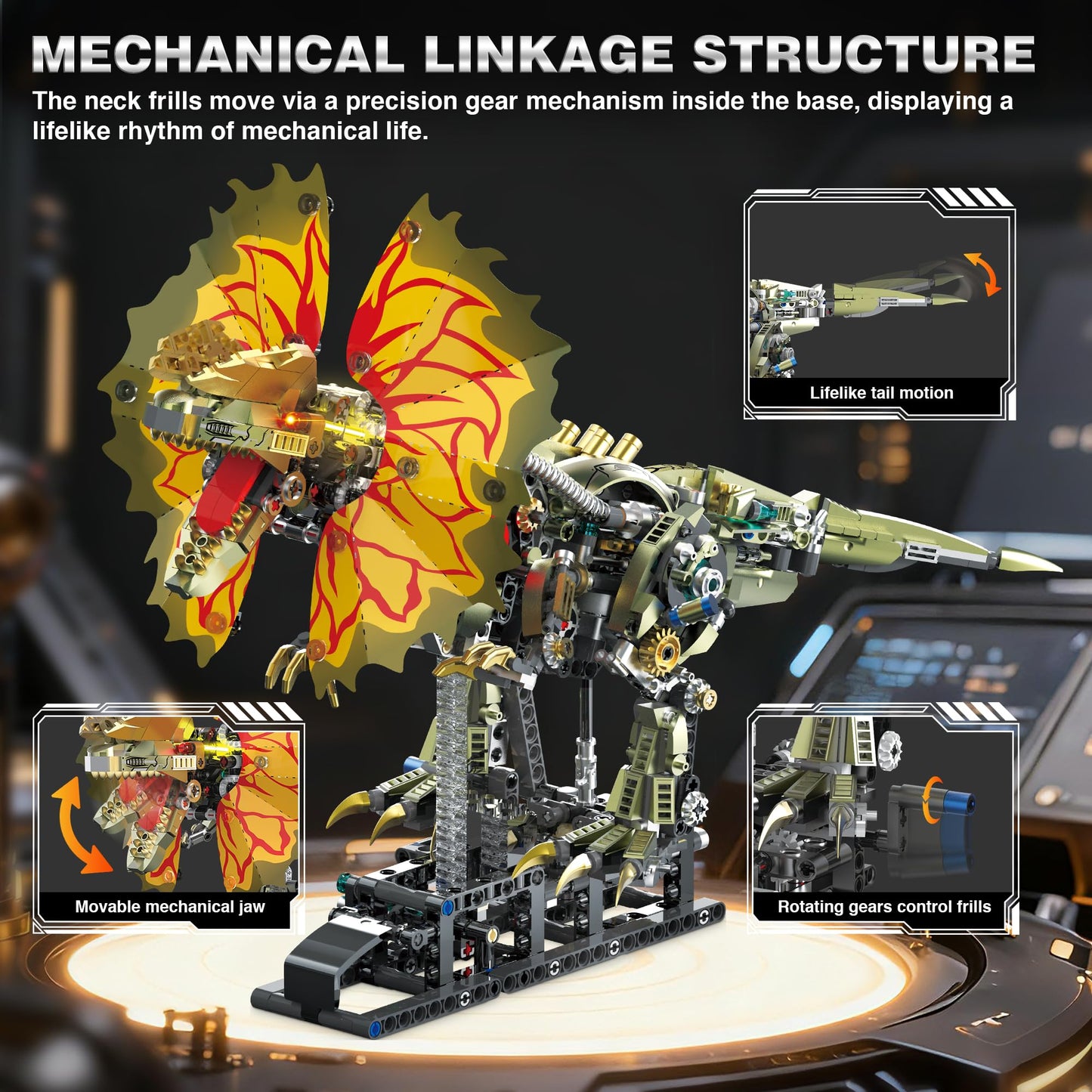 OrbBlaster Mechanical Dilophosaurus Building Set, Technic Dinosaur Model with Manual Linkage & LED Eyes, Steampunk Robot Collectible, Creative STEM
