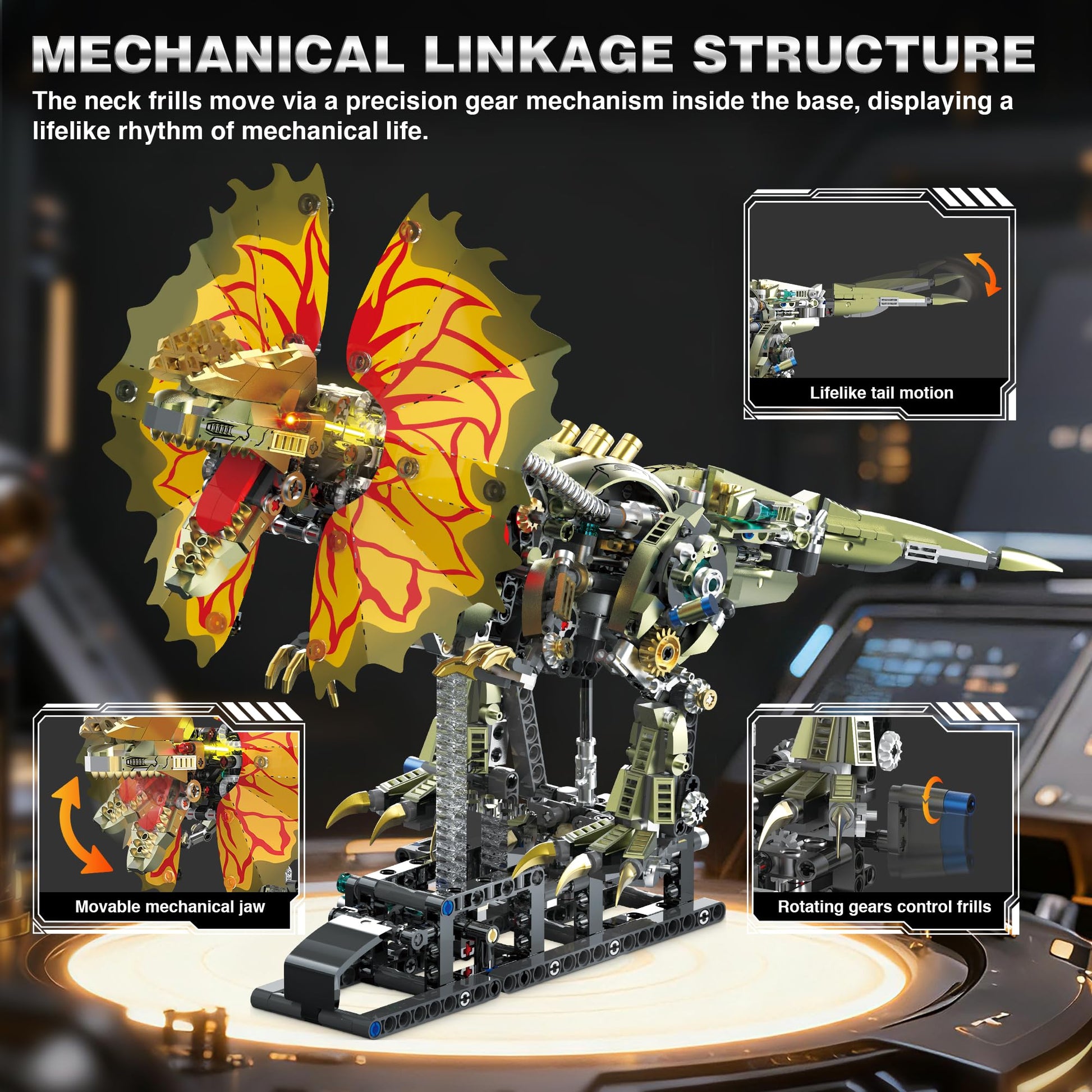 OrbBlaster Mechanical Dilophosaurus Building Set, Technic Dinosaur Model with Manual Linkage & LED Eyes, Steampunk Robot Collectible, Creative STEM