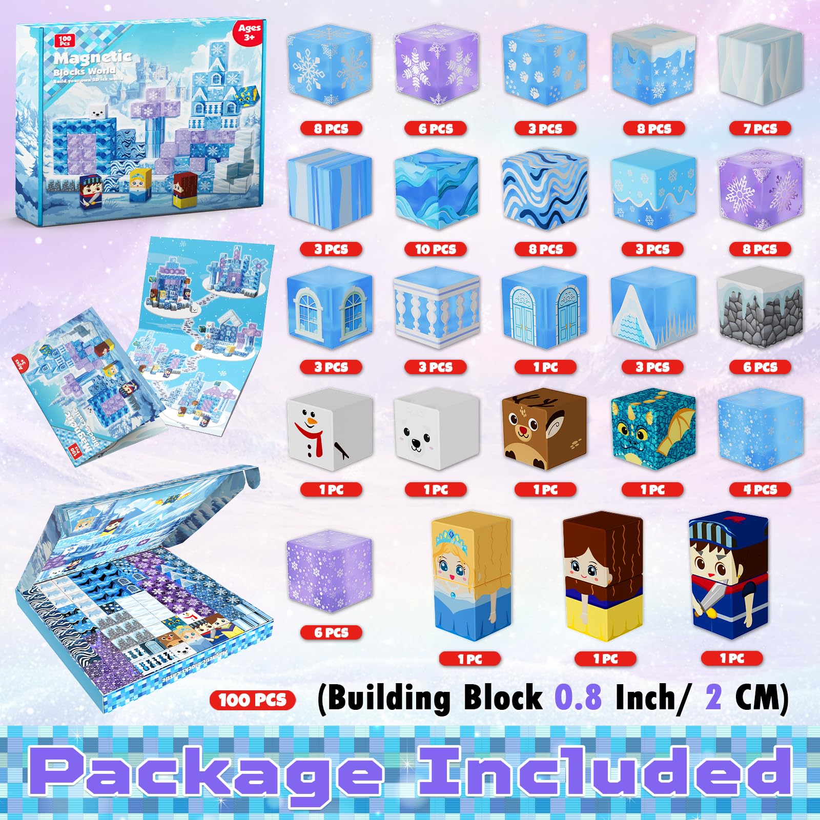 Magnetic Blocks - 100Pcs 0.8in Magnetic Building Block for Kids Ages 4-8, Transparent Magnet Block Blue Princess Castle, Frozen Magnetic Cubes Tiles