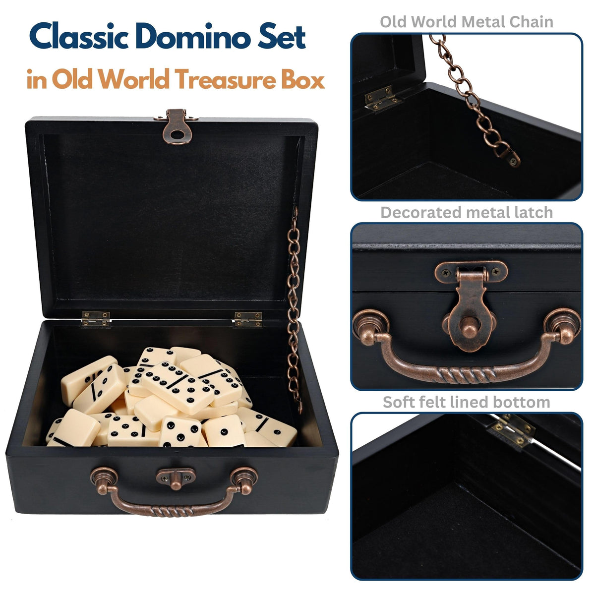 WE Games Double 6 Dominoes in Black Stained Wooden Treasure Box, Dominoes Set for Adults, Ivory Color Double Six Domino, Classic Board Games, Tile