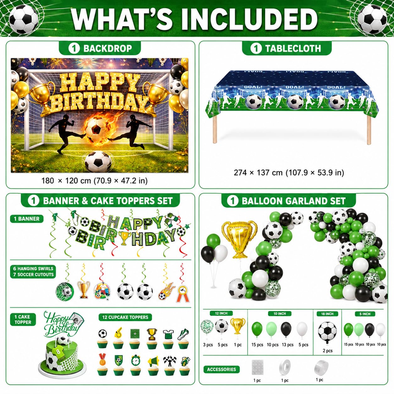 Soccer Birthday Party Decorations Set, Soccer Party Supplies with 6 x 4 ft Backdrop, 108 x 54 in Tablecloth, Green Black Balloon Garland Kit, Happy