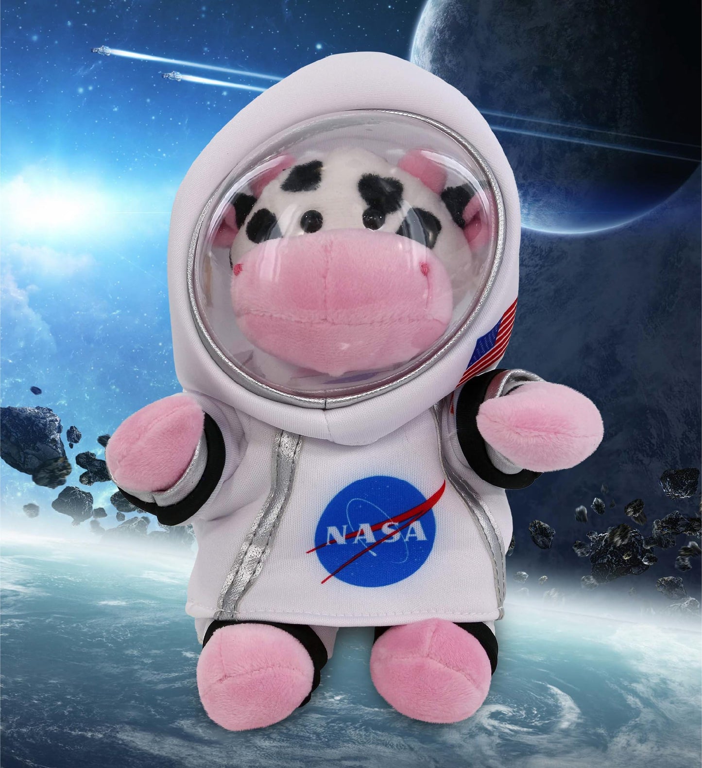 DolliBu Cow Astronaut Plush Toy - Farm Life Astronaut Stuffed Animal with Space Helmet and NASA Astronaut Suit, Spaceman Doll Decor for Girls and Boys