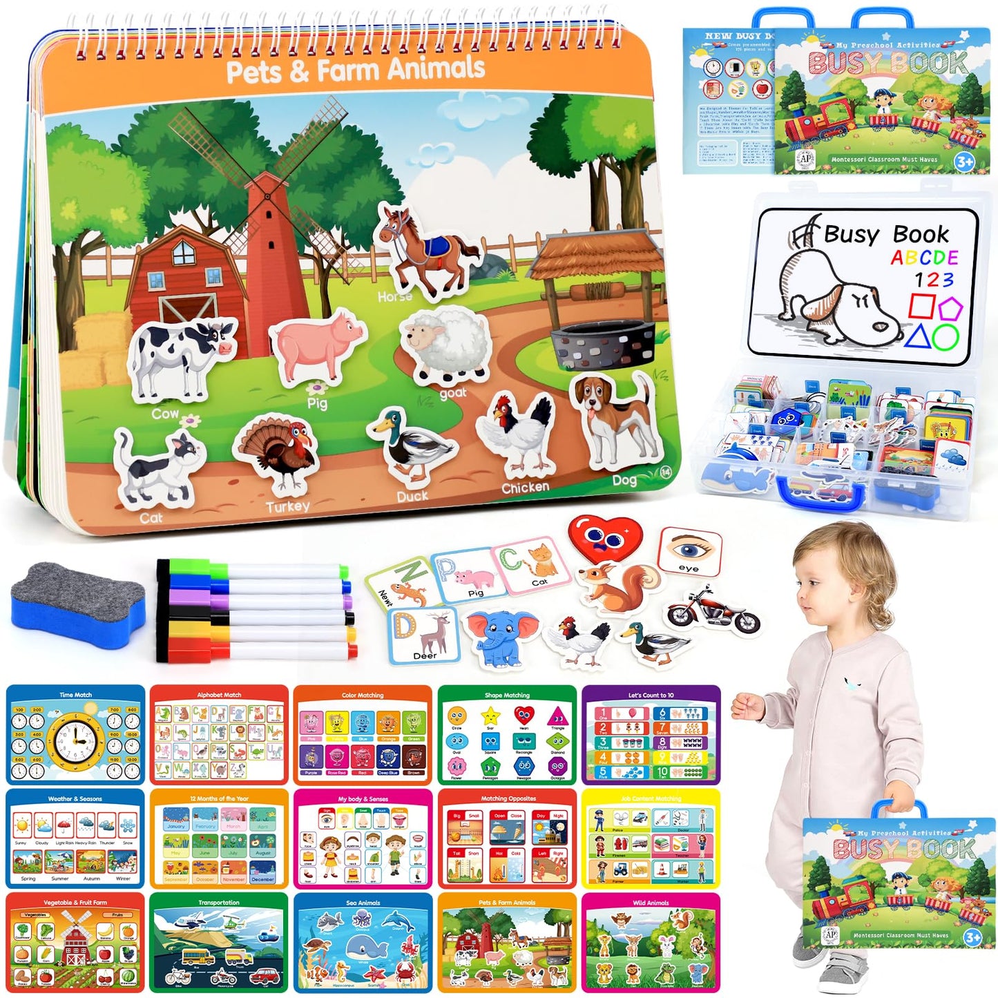 Preschool Busy Book for Toddlers with Case, 176 Pieces Accessory Complete Preassembled Activity Books for Kids, Learning Resources Montessori