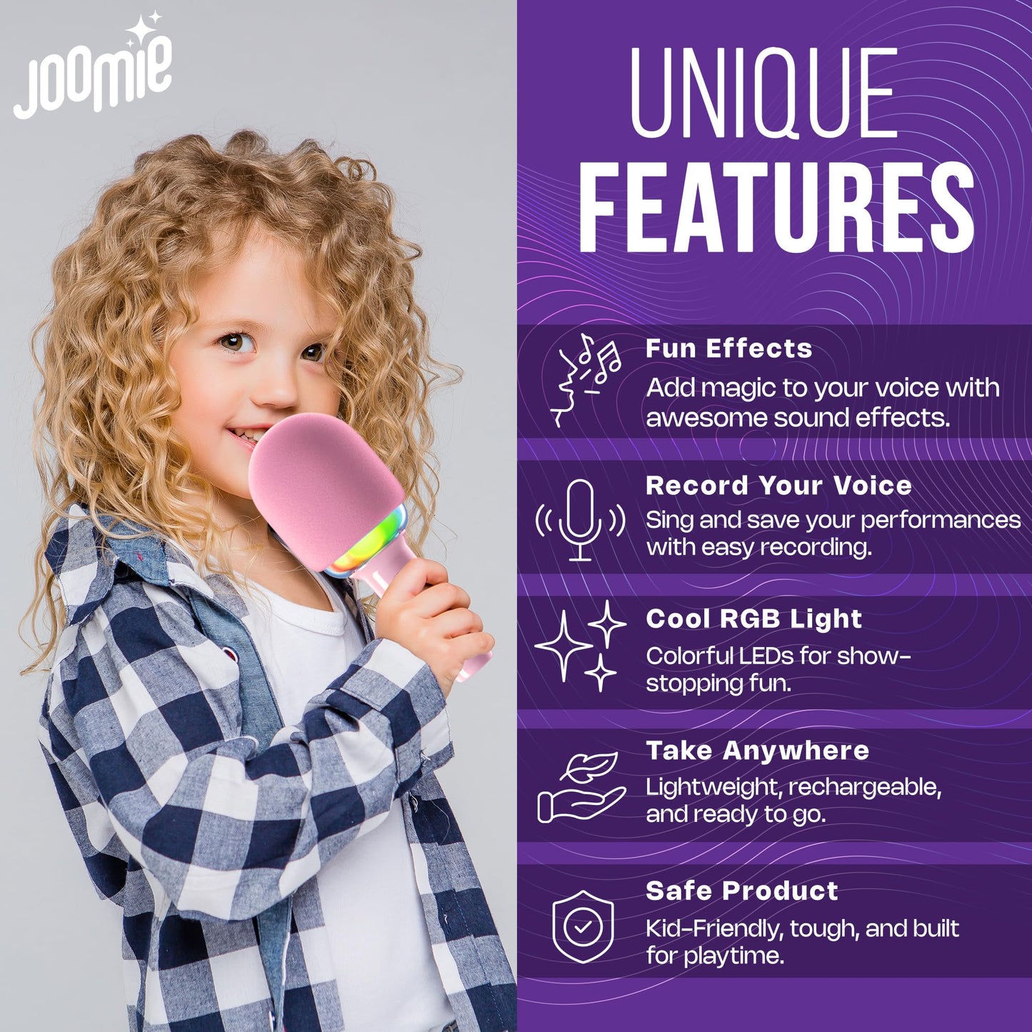 Joomie Karaoke Microphone for Kids - Wireless Bluetooth 4-in-1 MIC with Speaker, Voice Changer, Echo Effect & RGB Lights, Rechargeable, Fun Birthday