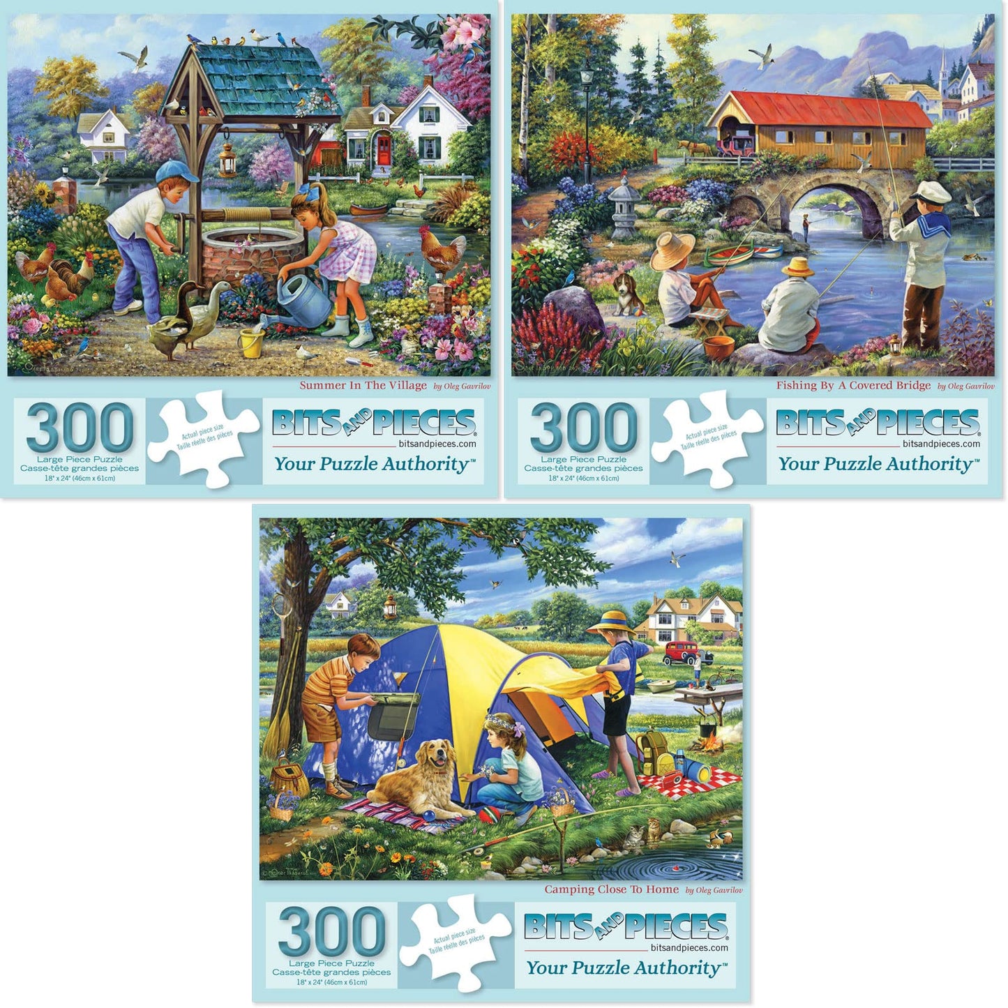 Bits and Pieces - Value Set of Three (3)- 300 pc Summer in The Village, Fishing by A Covered Bridge, Camping Close to Home Jigsaw Puzzle for Adults by