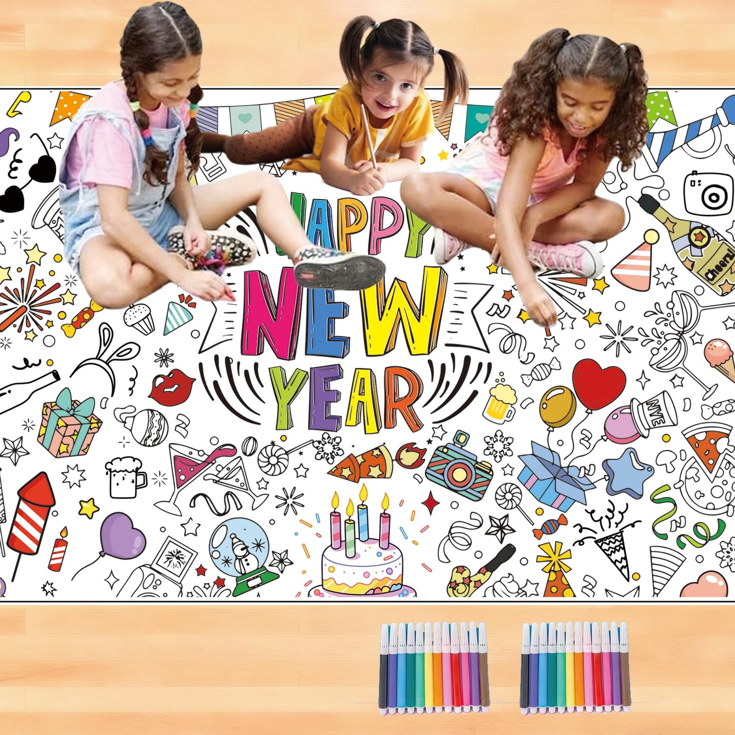 Ansoufien Happy New Year Giant Coloring Poster, 72 x 30 Inches Large Paper Tablecloth with 24 Paint Pens (12 Colors), DIY Party Activity Art Craft