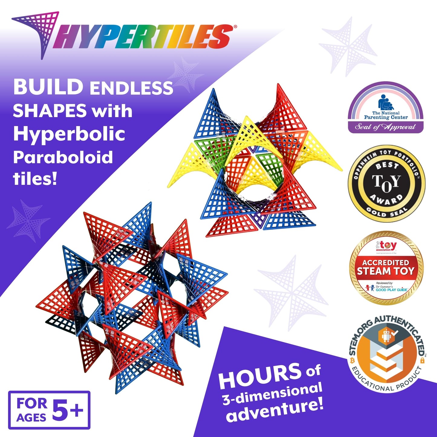 HyperTiles Hyperbolic Building Toy - 3" x 3" STEM Educational 3-Dimensional Adventure: 48 Tiles & 80 Connectors for Logic & Creativity - Infinite