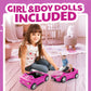 Liberty Imports Doll-Sized Convertible Car for Dolls - 2-Seater Pink Vehicle with Rolling Wheels, Seat Belts w/ Two 11.5" Dolls Included