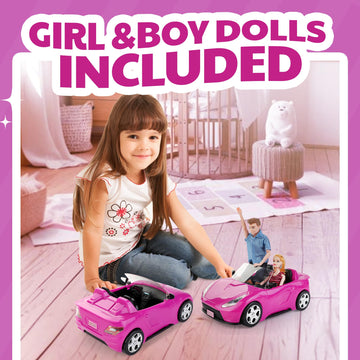 Liberty Imports Doll-Sized Convertible Car for Dolls - 2-Seater Pink Vehicle with Rolling Wheels, Seat Belts w/ Two 11.5" Dolls Included