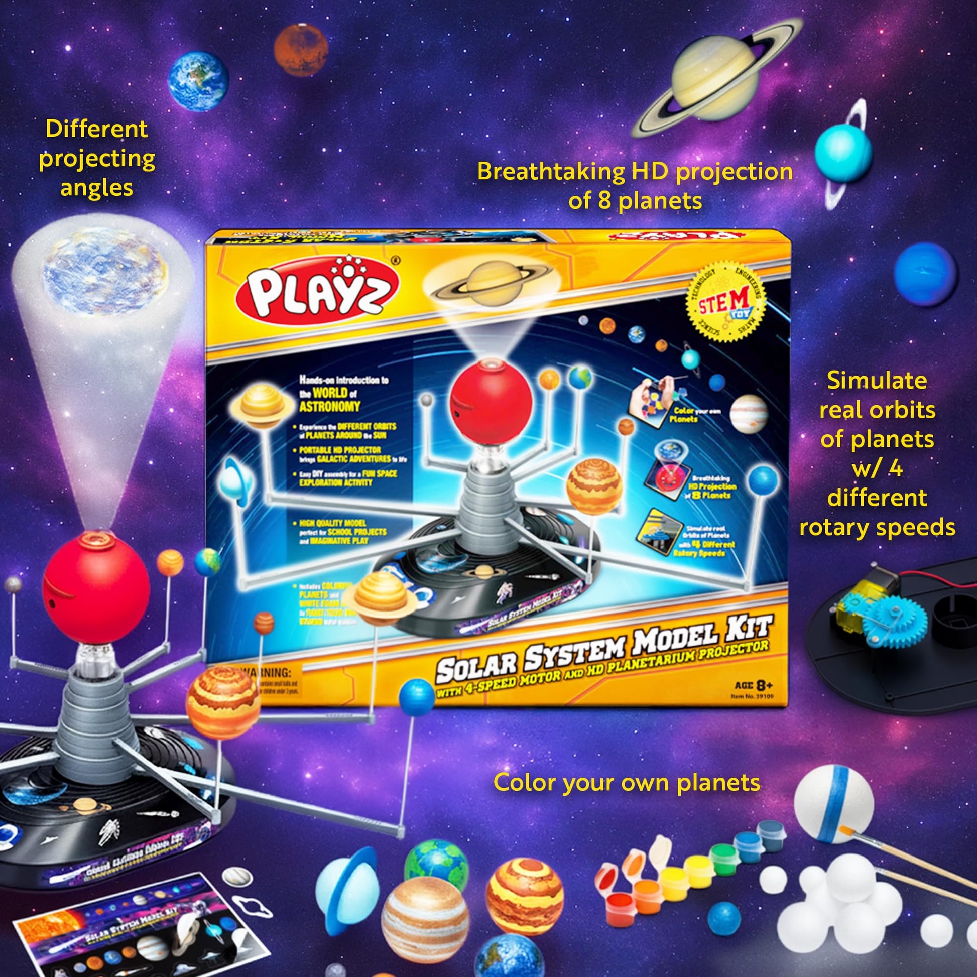 Playz Premium Solar System Model Kit for Kids - 4 Speed Motor, HD Planetarium Projector, 8 Painted Planets & 8 White Foam Balls with Paint and Brush