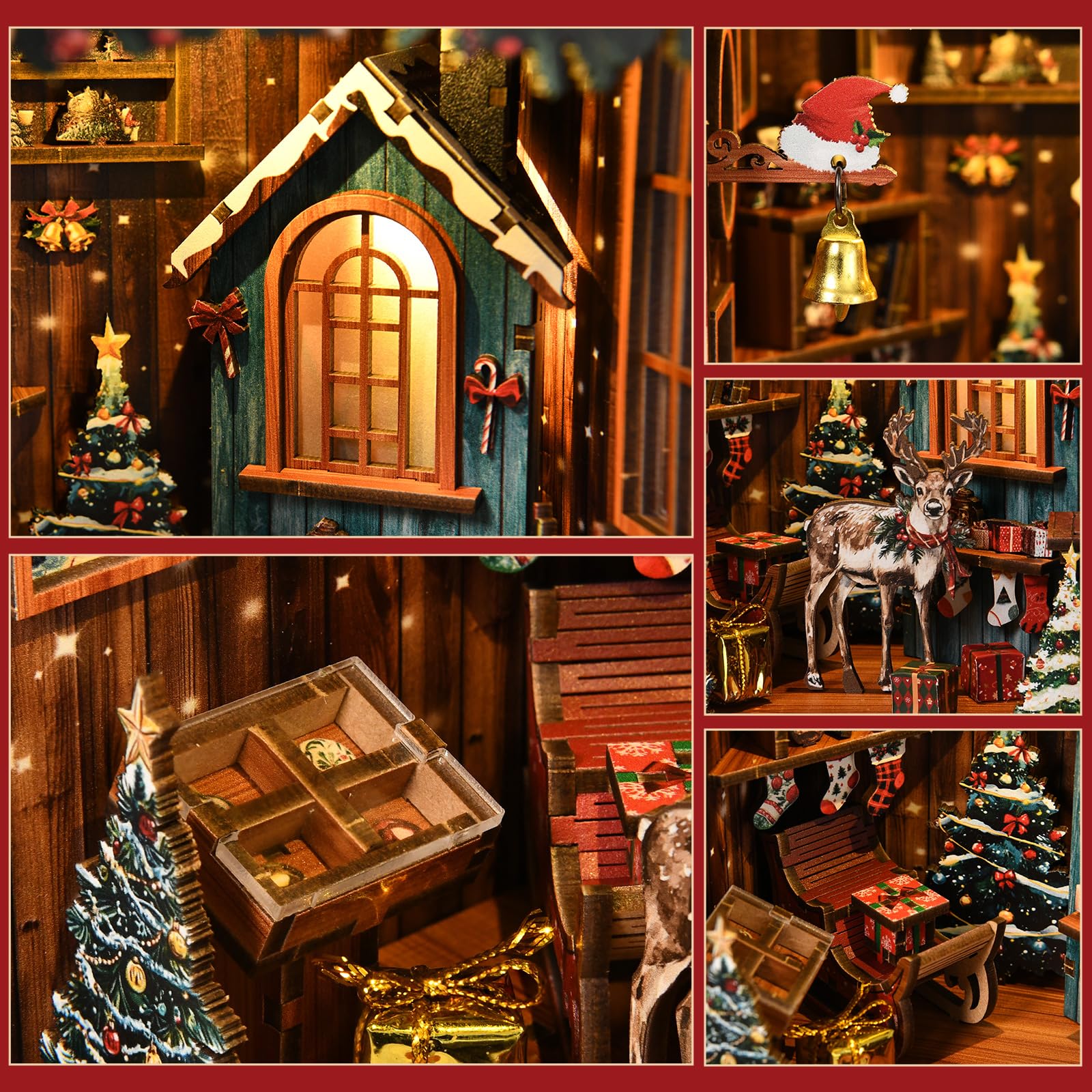 qpdbookpd DIY Book Nook?Buchstütze Aus Holz und 3D-Puzzle mit LED-Licht, bastelset Erwachsene?Book Nook kit?Weihnachtsgeschenke?Snow Realm Wei