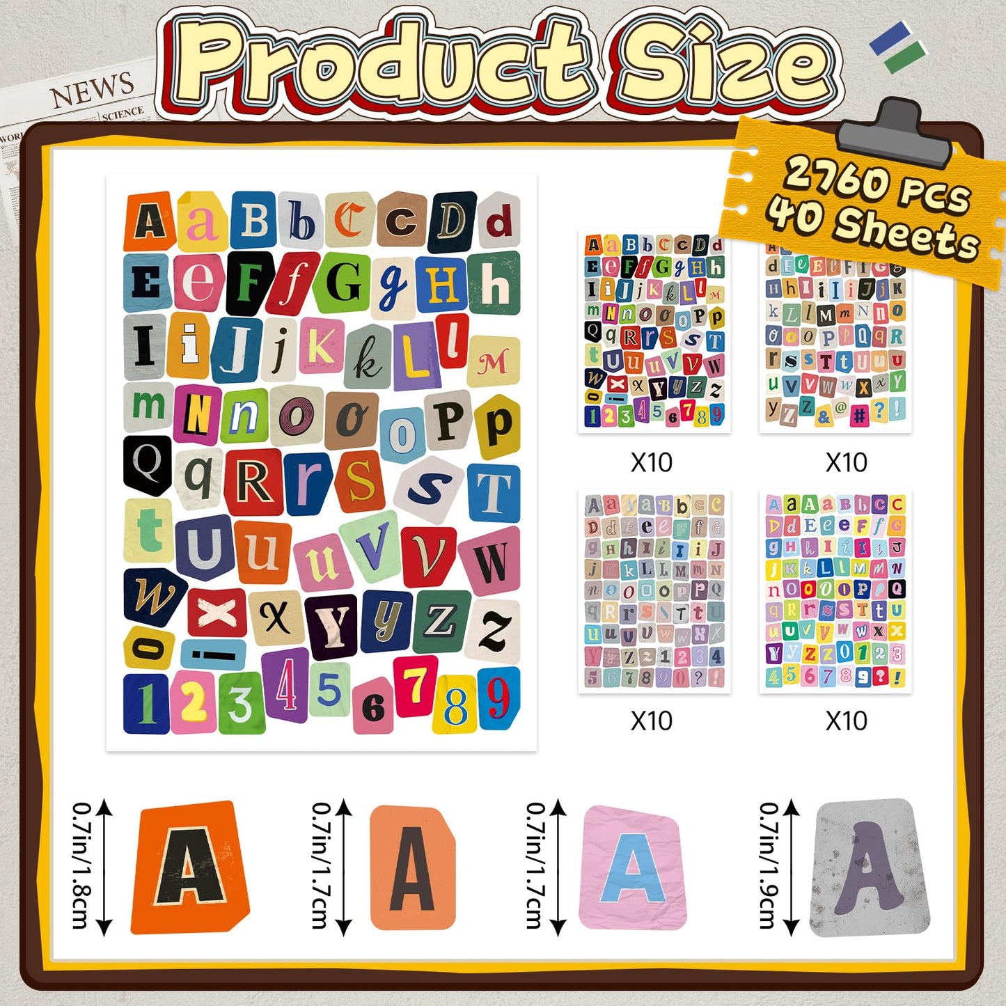 2760 PCS Letter Stickers for Scrapbooking, 40 Sheets Magazine Alphabet Stickers, Self-Adhesive Vinyl Small Ransom Stickers for Journaling Junk Journal