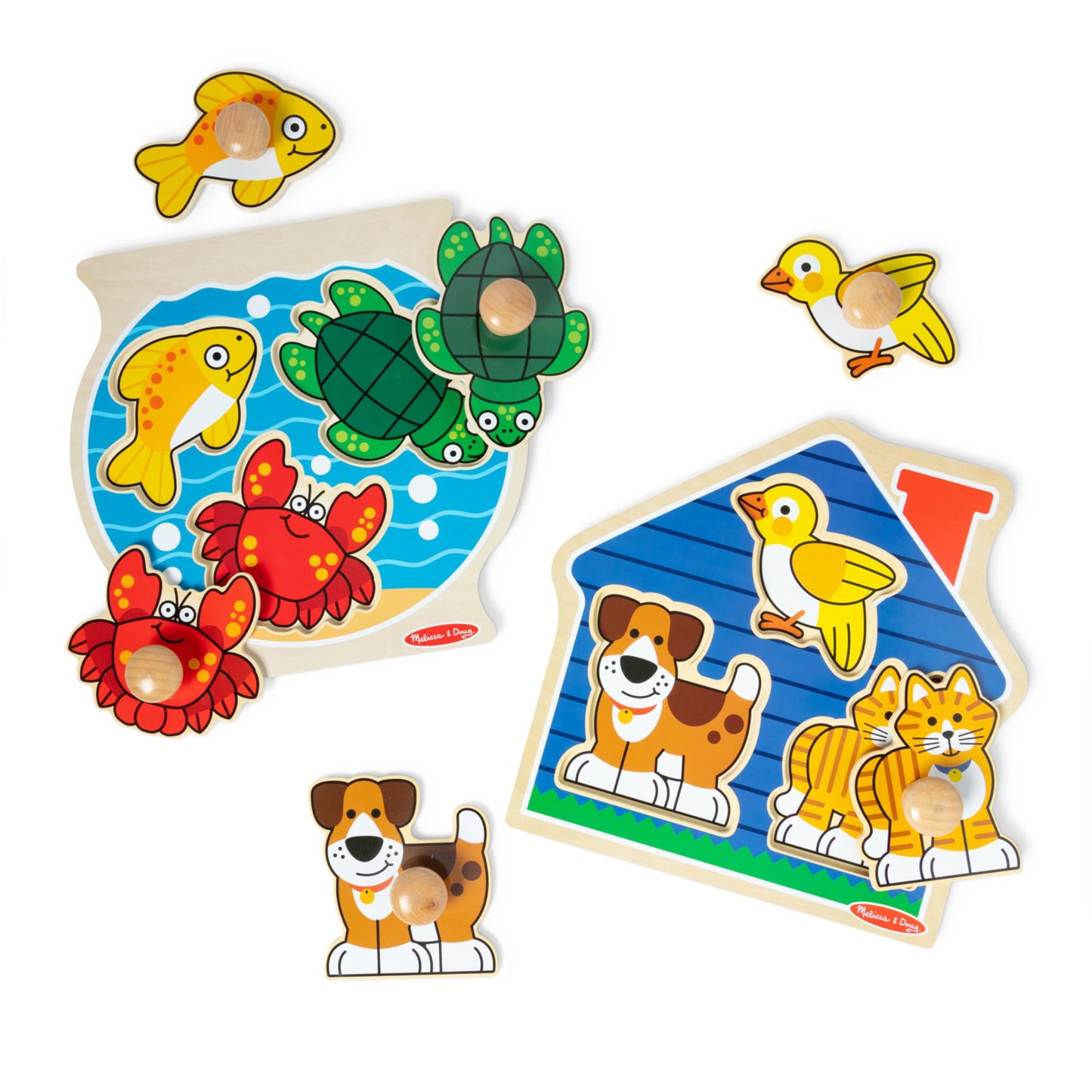 Melissa & Doug Wooden Jumbo Peg Puzzle 2-Pack - Fish Bowl, House Pets, 3-Piece for Toddlers Boys and Girls, Ages 1+ Years
