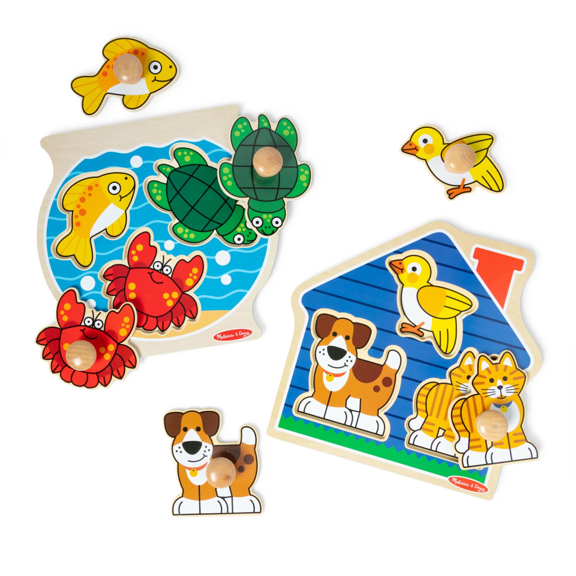 Melissa & Doug Wooden Jumbo Peg Puzzle 2-Pack - Fish Bowl, House Pets, 3-Piece for Toddlers Boys and Girls, Ages 1+ Years