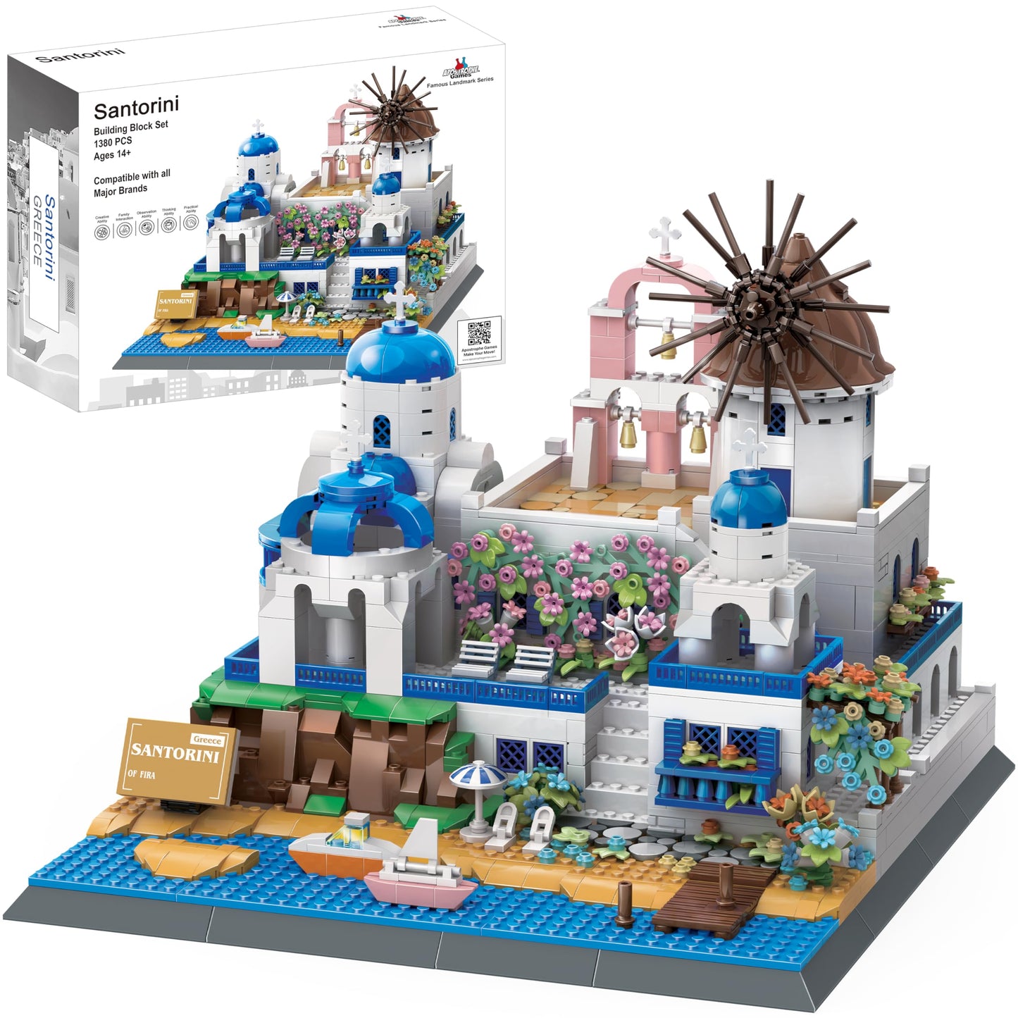 Apostrophe Games Santorini Building Block Set - 1380 Pieces - Model Building Blocks for Adults and Kids - Greece's Island Architecture Kit Famous