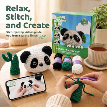 Bubbly Crochet Pom Pom the Panda Beginner Crochet Kit - DIY Plush with Custom Eyes & Bamboo Accent, Guided Tutorials & All-in-One Tools - Amigurumi