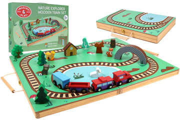 Imagine & Play Nature Explorer - 17 Piece Wooden Train Set with Foldable Carrying Board, Forest Animals & Bridge - Toddler Toys, Train Toys, Toys
