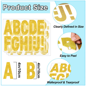24 Sheets Large Gold Letter Stickers 4 Inch Big Font 282 Pcs Glitter Alphabet Number Stickers Self Adhesive Stick on Letters for Poster Board Bulletin