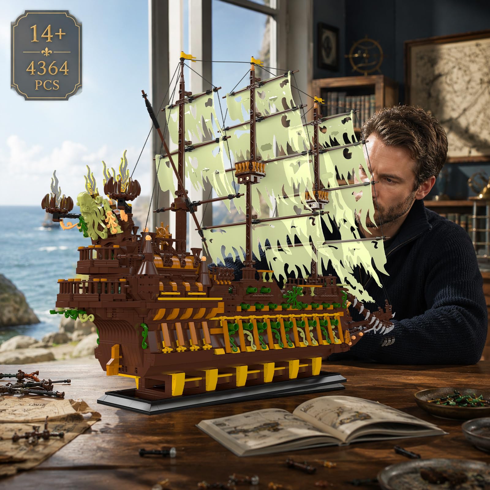 Mould King 13197 Pirate Ship Building Toy, MOC Flying Dutchman Model Ship Boat, Toy Building Sets for Adults, Halloween Decor Christmas Birthday Gifts