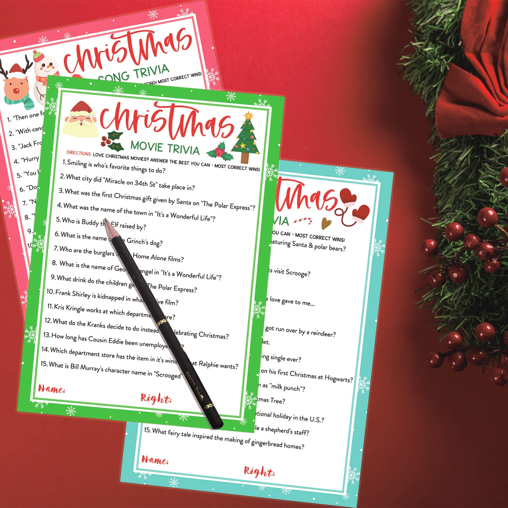 KMLIFE 63 Pcs Christmas Trivia Party Game Cards, 3 Themes Xmas Holiday Guessing Activity for Adults Families Friends, Kids, Groups and Coworkers