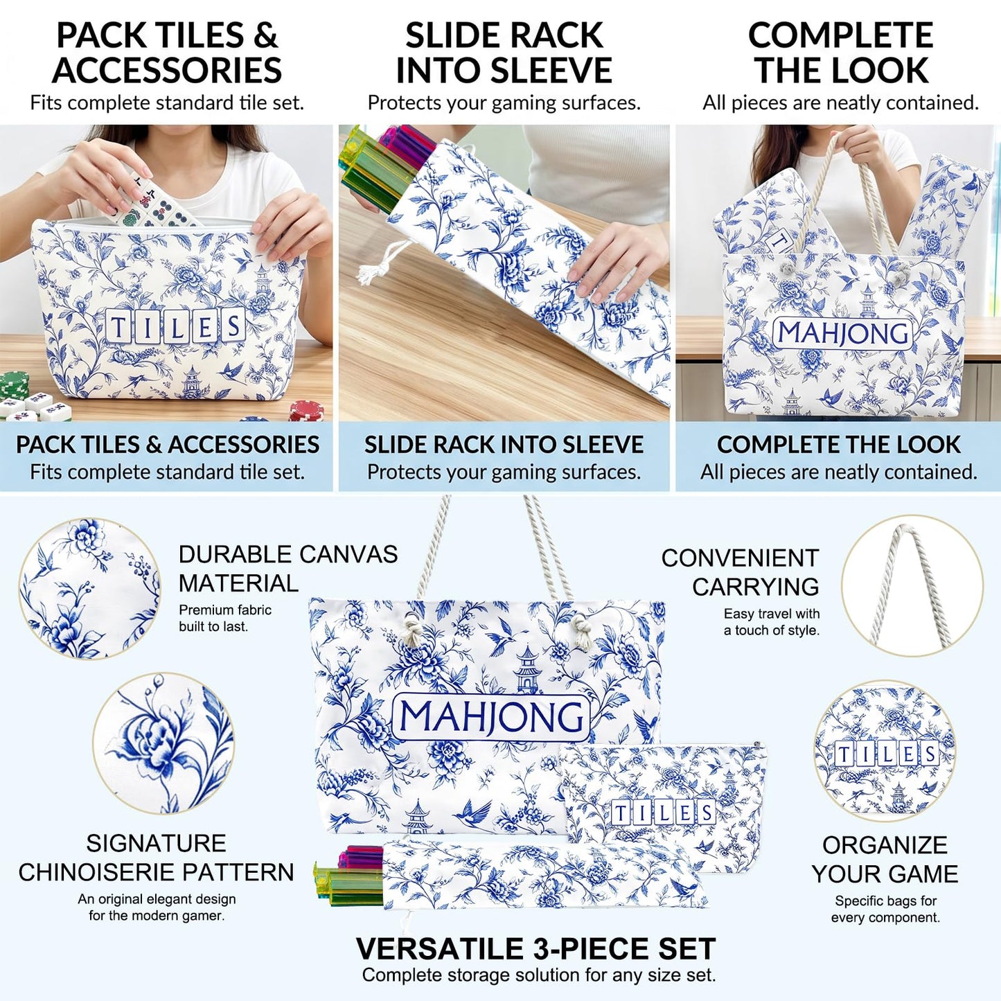 CTHMTMXS Blue and White Mahjong Bag Set for Tiles and Racks, 3 Piece 16 oz Canvas American Mahjong Carrying Bag with Zipper Tile Bag and Drawstring