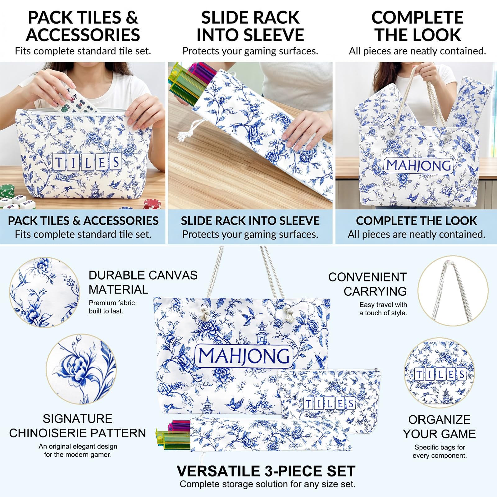 CTHMTMXS Blue and White Mahjong Bag Set for Tiles and Racks, 3 Piece 16 oz Canvas American Mahjong Carrying Bag with Zipper Tile Bag and Drawstring