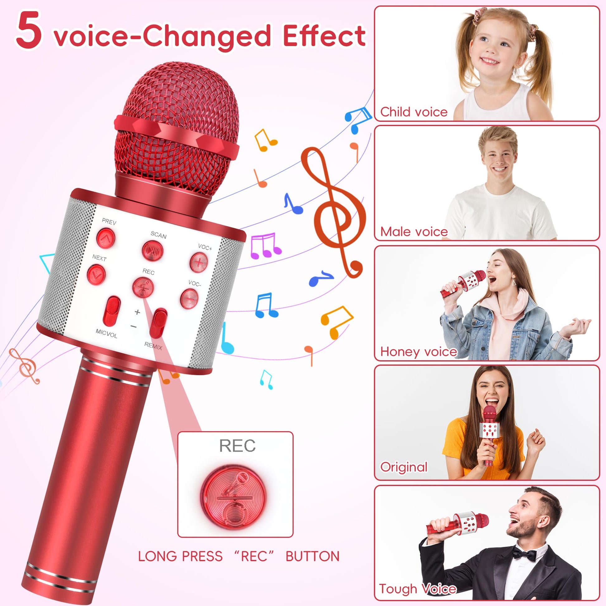 Wireless Bluetooth Karaoke Microphone for Kids, 5-in-1 Portable Handheld Karaoke Mic Speaker Player Recorder with Adjustable Remix FM Radio for Kids