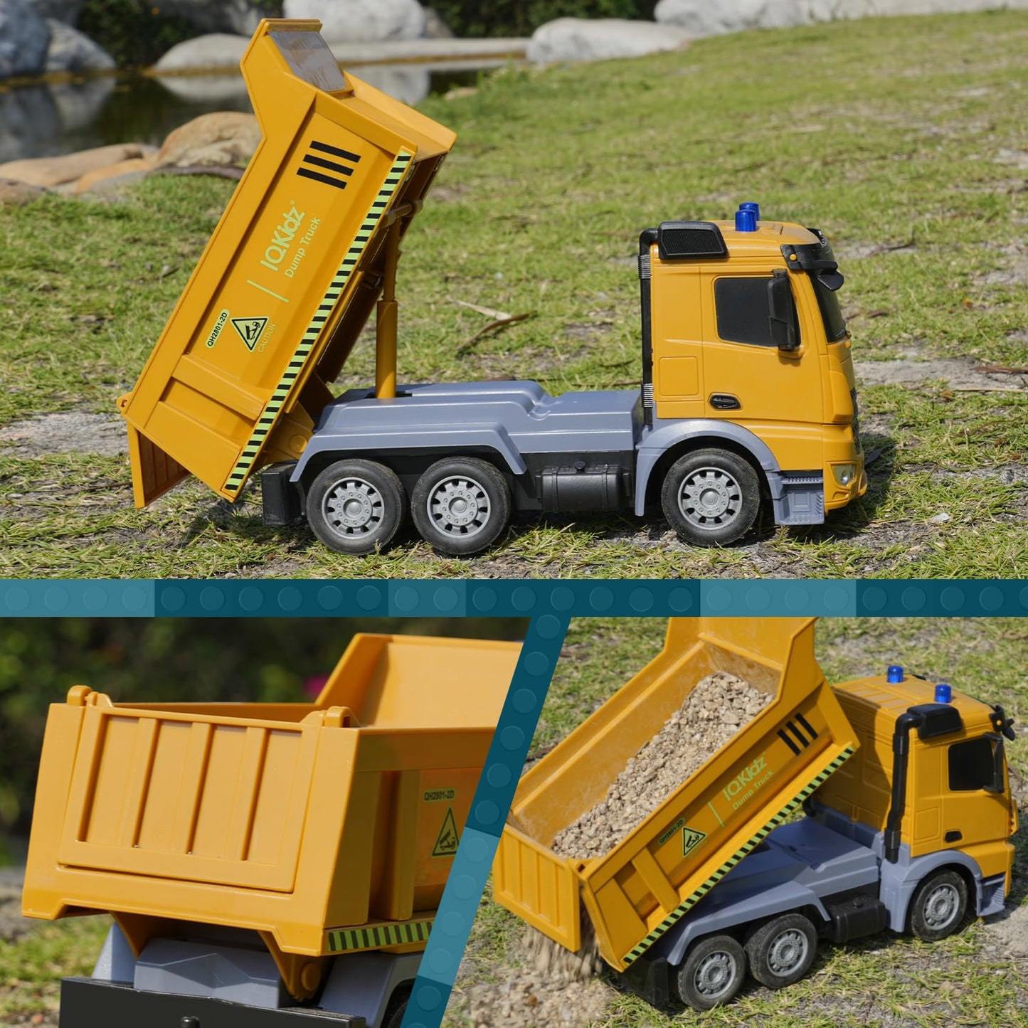 IQKidz Remote Control Dump Truck Toys - RC Construction Vehicles with Blue Warning Lights, Trucks Toy for Boys Girls 3 4 5-7 8 9 10 Year Old and Up