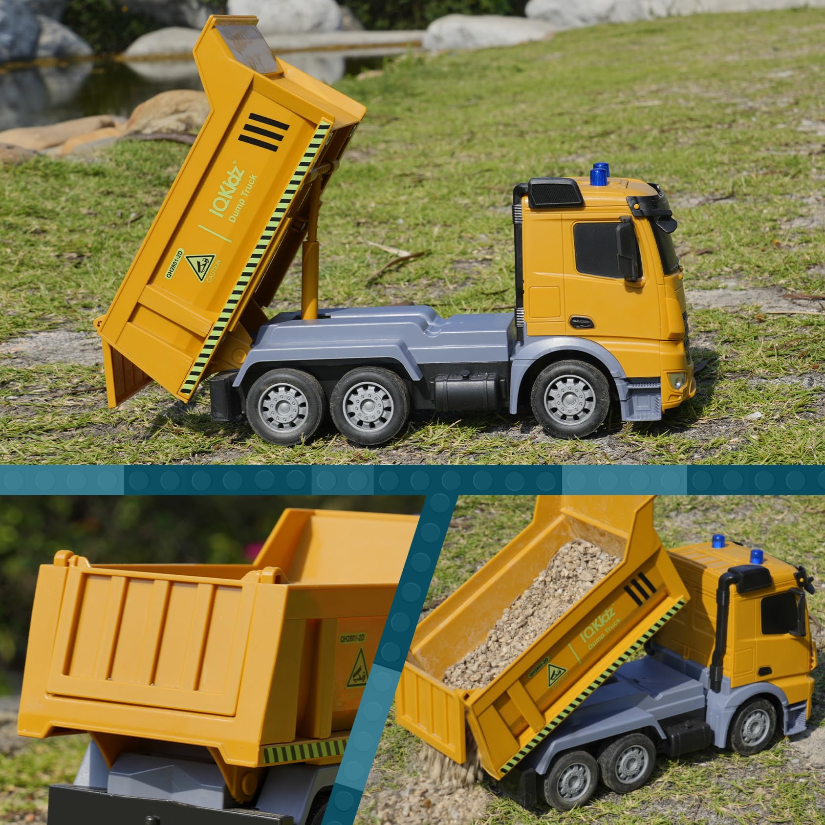 IQKidz Remote Control Dump Truck Toys - RC Construction Vehicles with Blue Warning Lights, Trucks Toy for Boys Girls 3 4 5-7 8 9 10 Year Old and Up