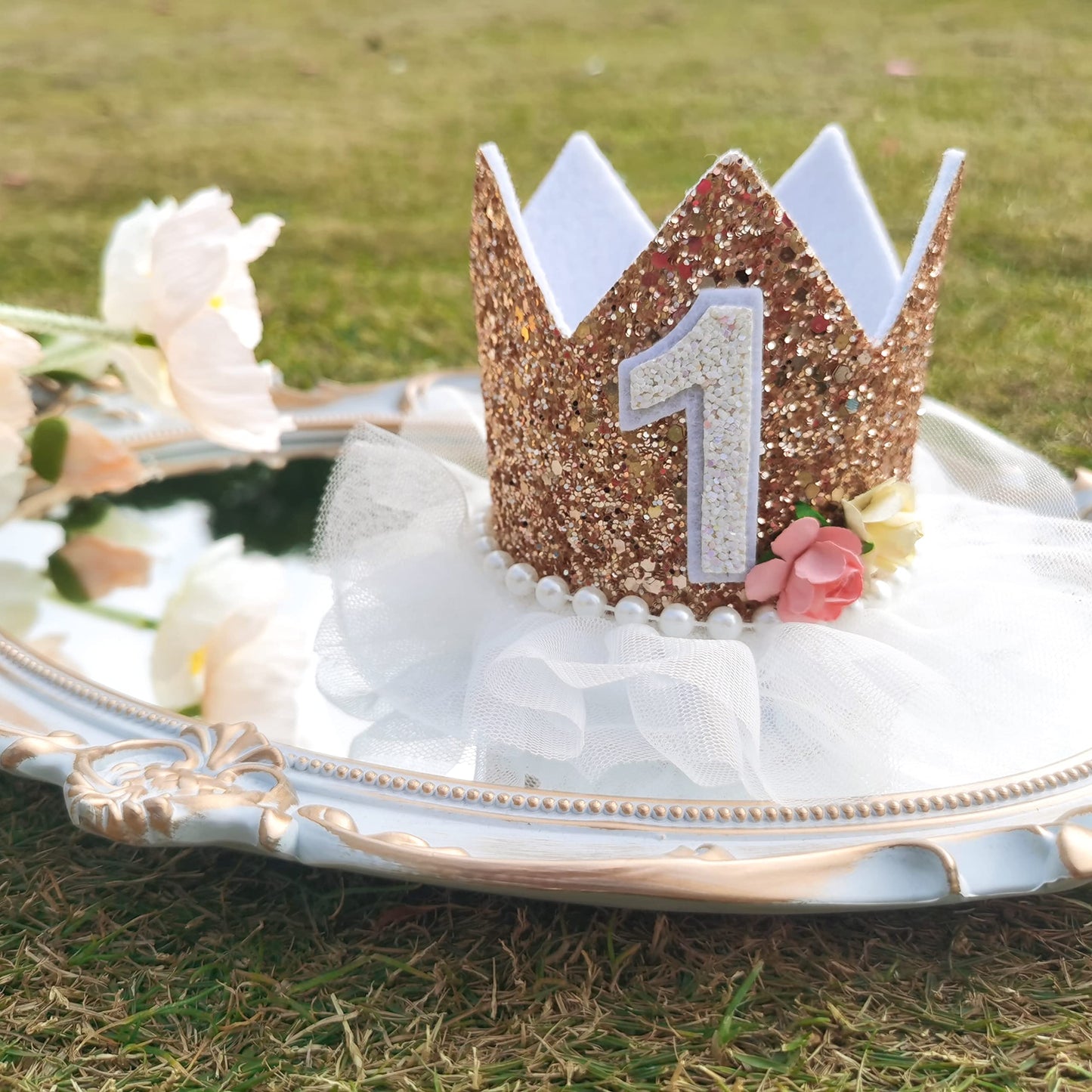 Agkvw Crown for Girls' First Birthday, Rose Gold 1st Birthday Hat, Flower Tutu Crown, Cake Smash Props, Decorations for Girls