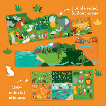 Petit Collage Sticker Activity Book, My Animal World - Giant Fold Out Sticker Book for Kids, Includes Over 100 Reusable Stickers - Activity Toys