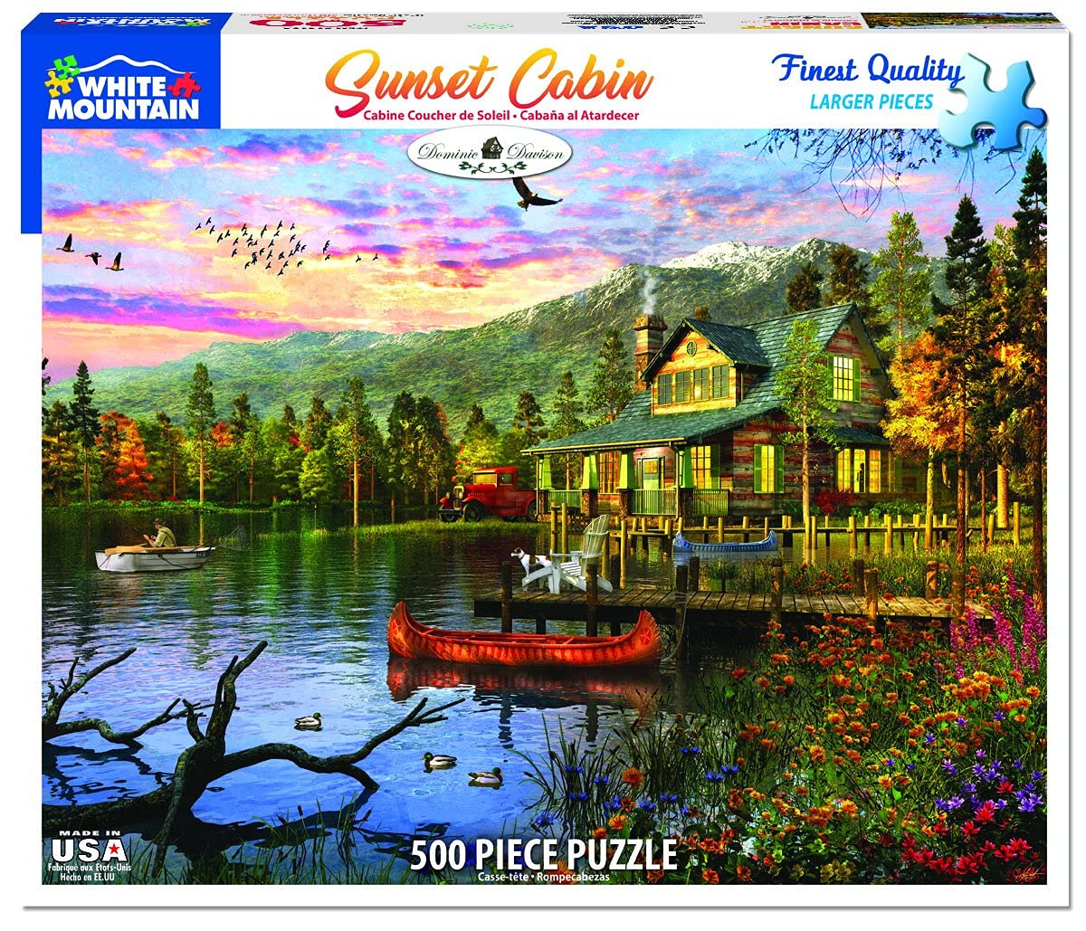 White Mountain 500 Piece Puzzle Lake Jigsaw Mountain Spring Puzzles Large Pieces Gift for Adults and Seniors 18"x24" - Sunset Cabin