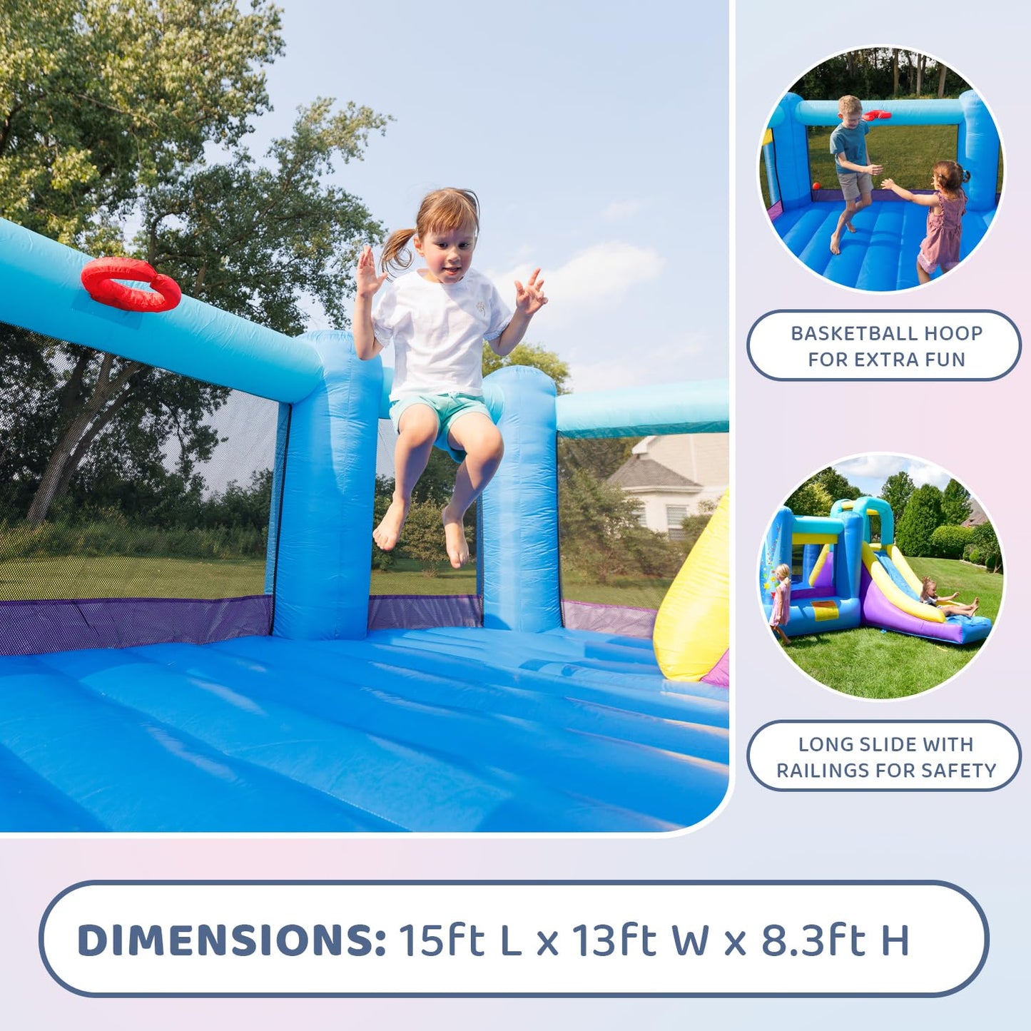 Bounceland Pop Star Inflatable Bounce House Bouncer, Large Bouncing Area with Long Slide, Climbing Wall, Basketball Hoop, UL 1HP Blower Included, 15