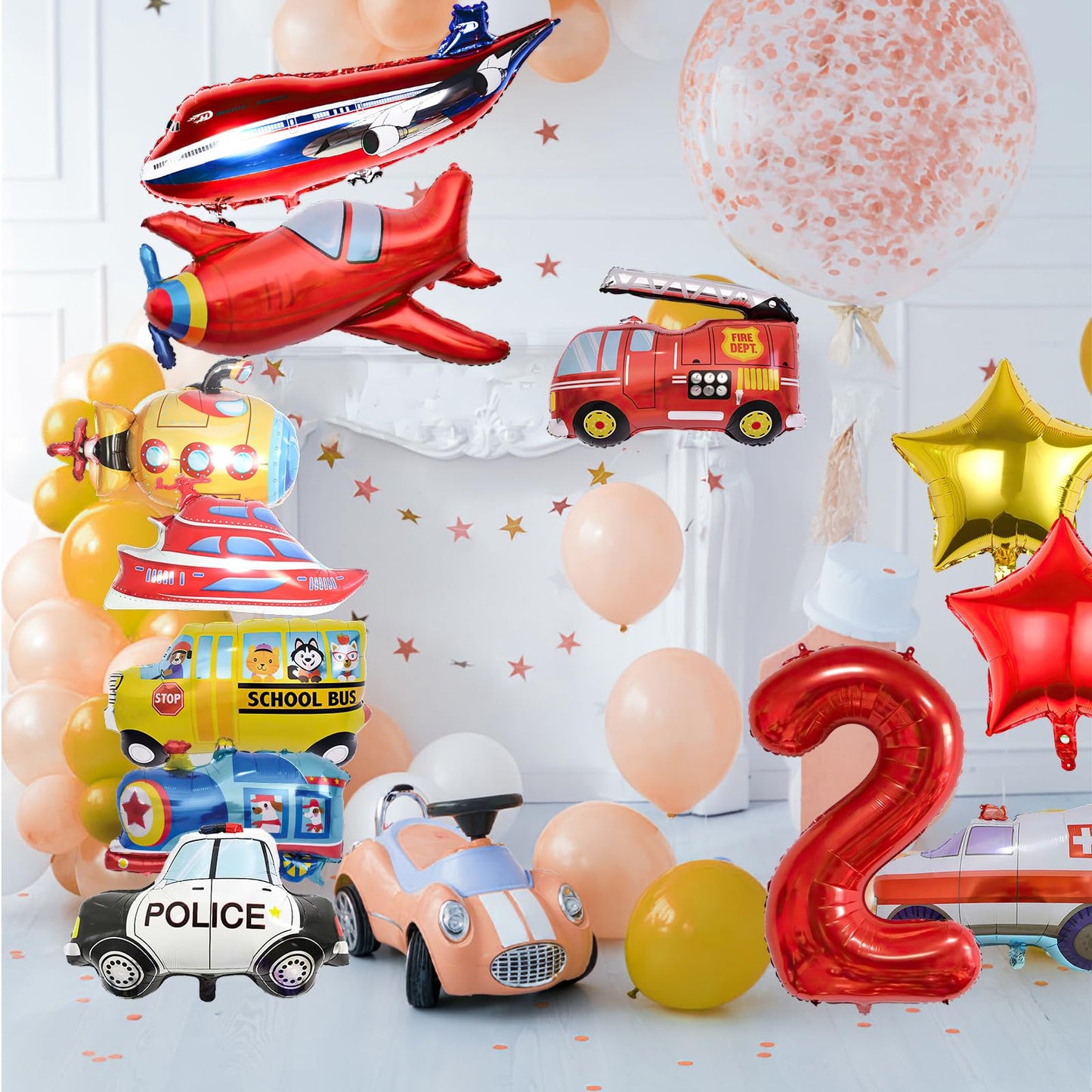 12pcs Transportation Truck Plane School Bus Fire Truck Police Car Ship Ambulance Submarine Birthday Number Foil Balloon for Transportation 2nd