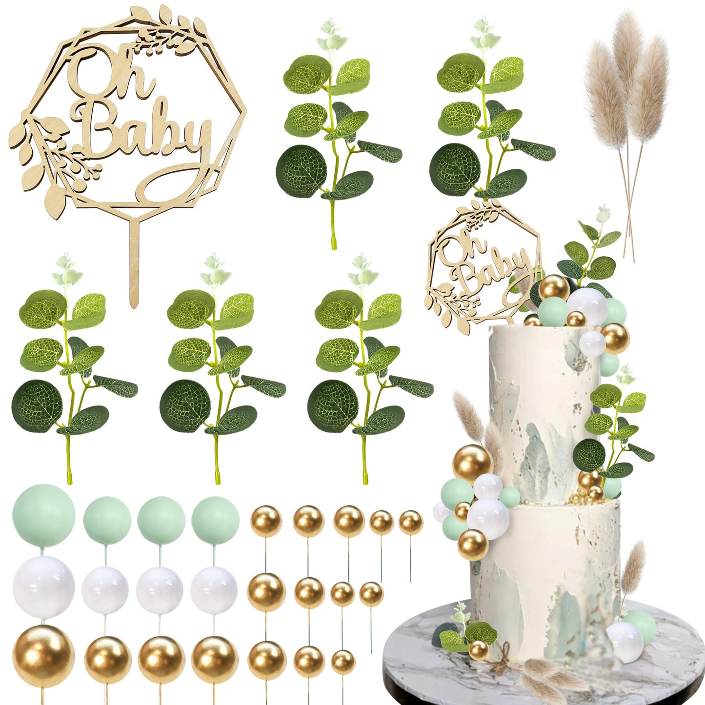 33 PCS Wood Cake Topper Balls Cake Topper Balls Cake Decorations with Artificial Leaves for Baby Shower Newborn Birthday Party Gender Reveal