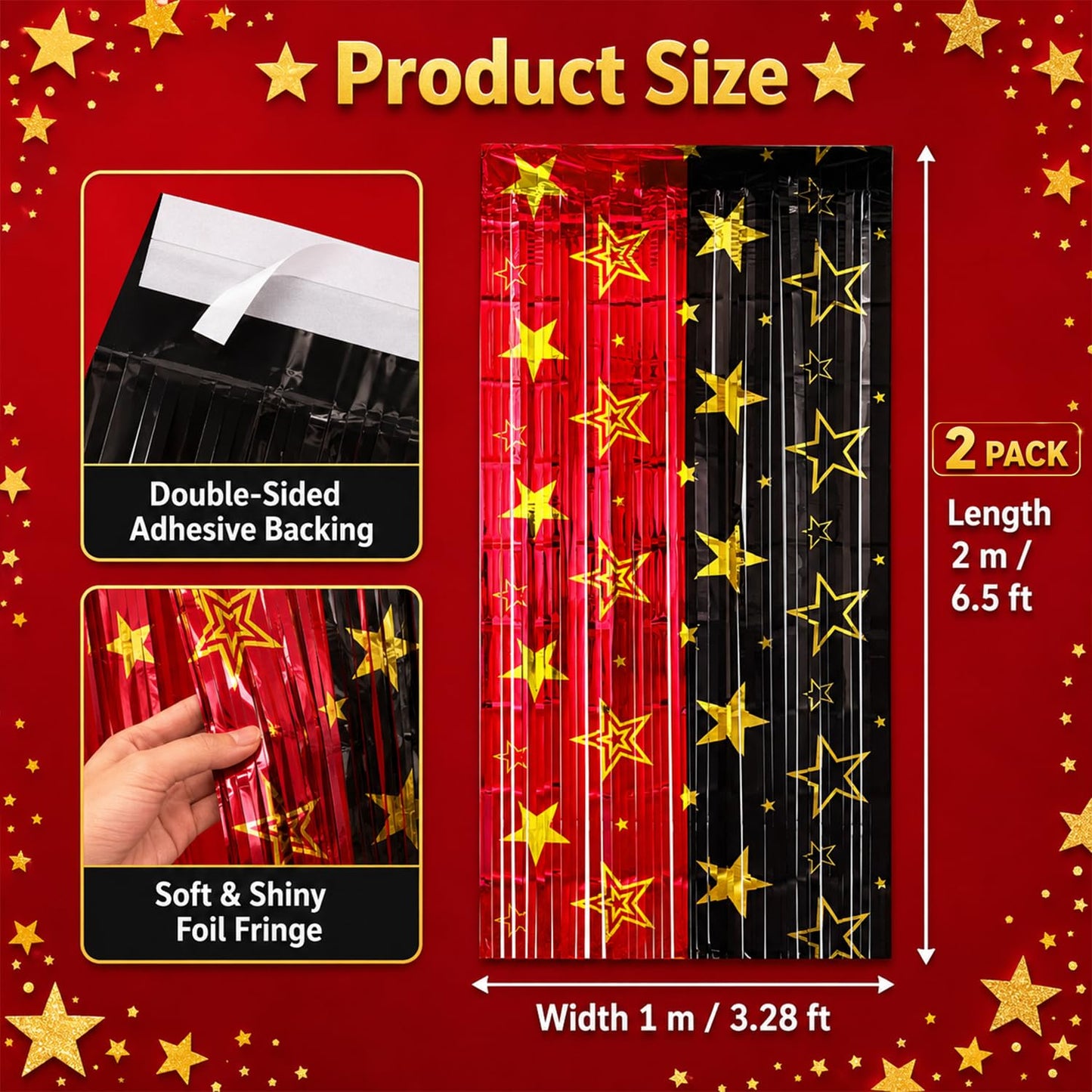 2 Pack Movie Night Foil Fringe Curtains Backdrop Decorations, 3.3 x 6.6 Ft Star Red and Black Movie Night Tinsel Streamers Backdrop for Movie Theater