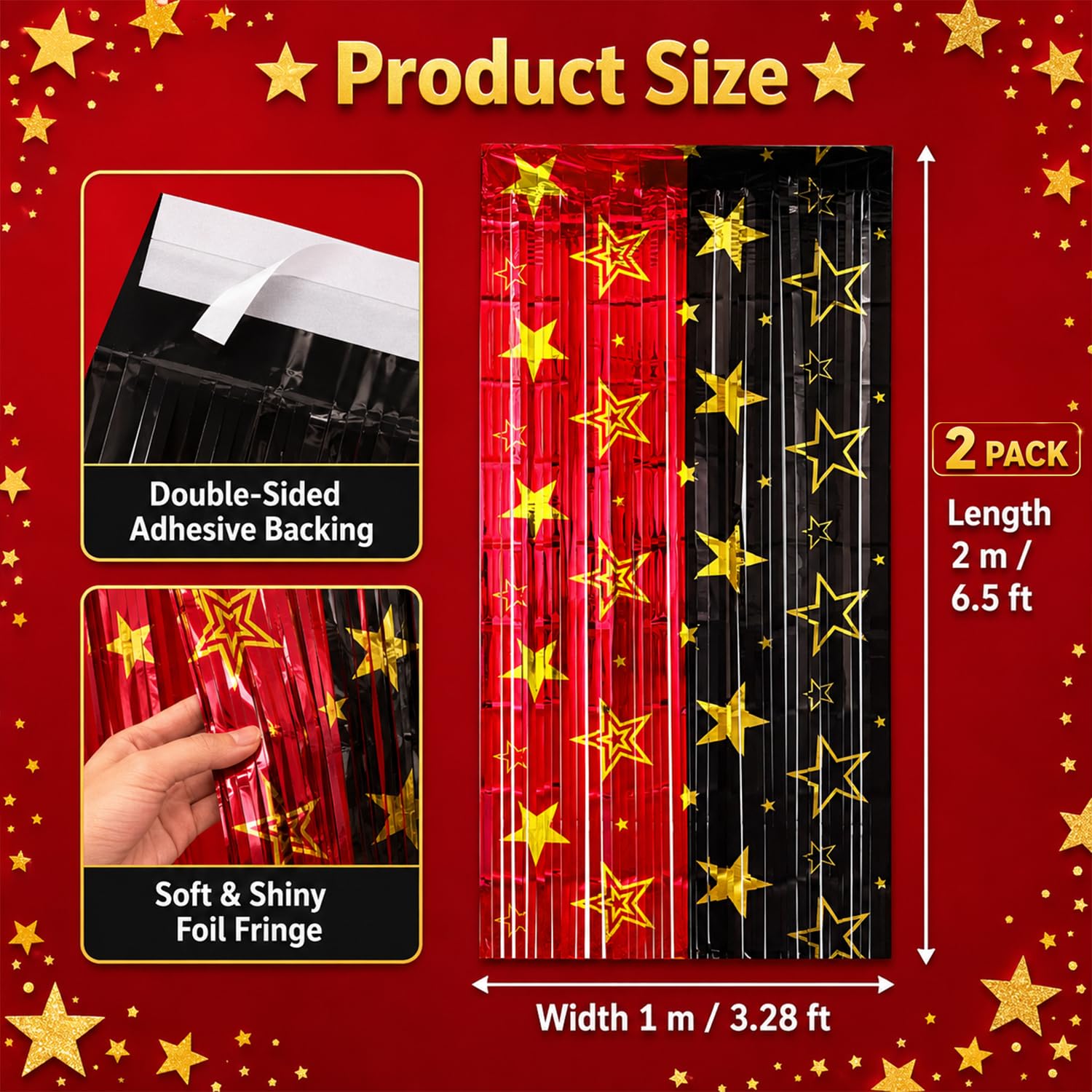2 Pack Movie Night Foil Fringe Curtains Backdrop Decorations, 3.3 x 6.6 Ft Star Red and Black Movie Night Tinsel Streamers Backdrop for Movie Theater