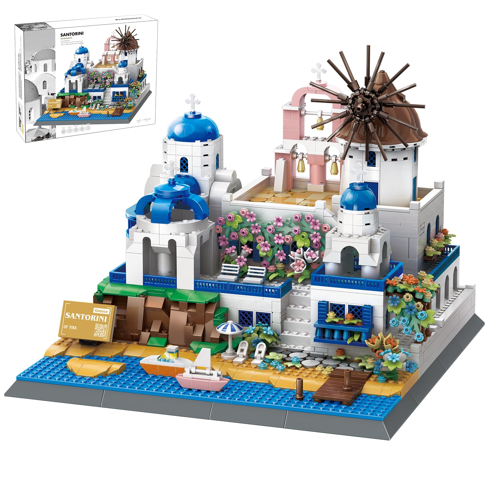 GHQYTPR Santorini Building Block Set 1372 Pcs Greece Aegean Sea Architecture Model Kit for Adults & Teens Romantic Island Skyline Construction Project