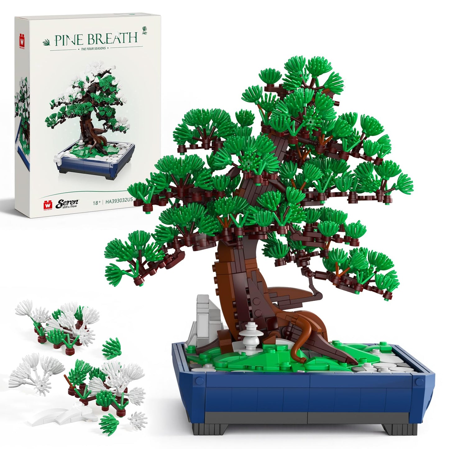 Wise Block Bonsai Tree Building Set for Adults, 950 PCS Japanese Pine Bonsai Building Kit with Interchangeable Snow & Green Foliage, Botanical