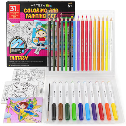 ARTEZA Fantasy Coloring & Painting Kit, 3 Pack 4x4 Canvases, 10 Markers, 16 Watercolor Pencils, Paint Brush & Sharpener, Pre-Printed Art Panels