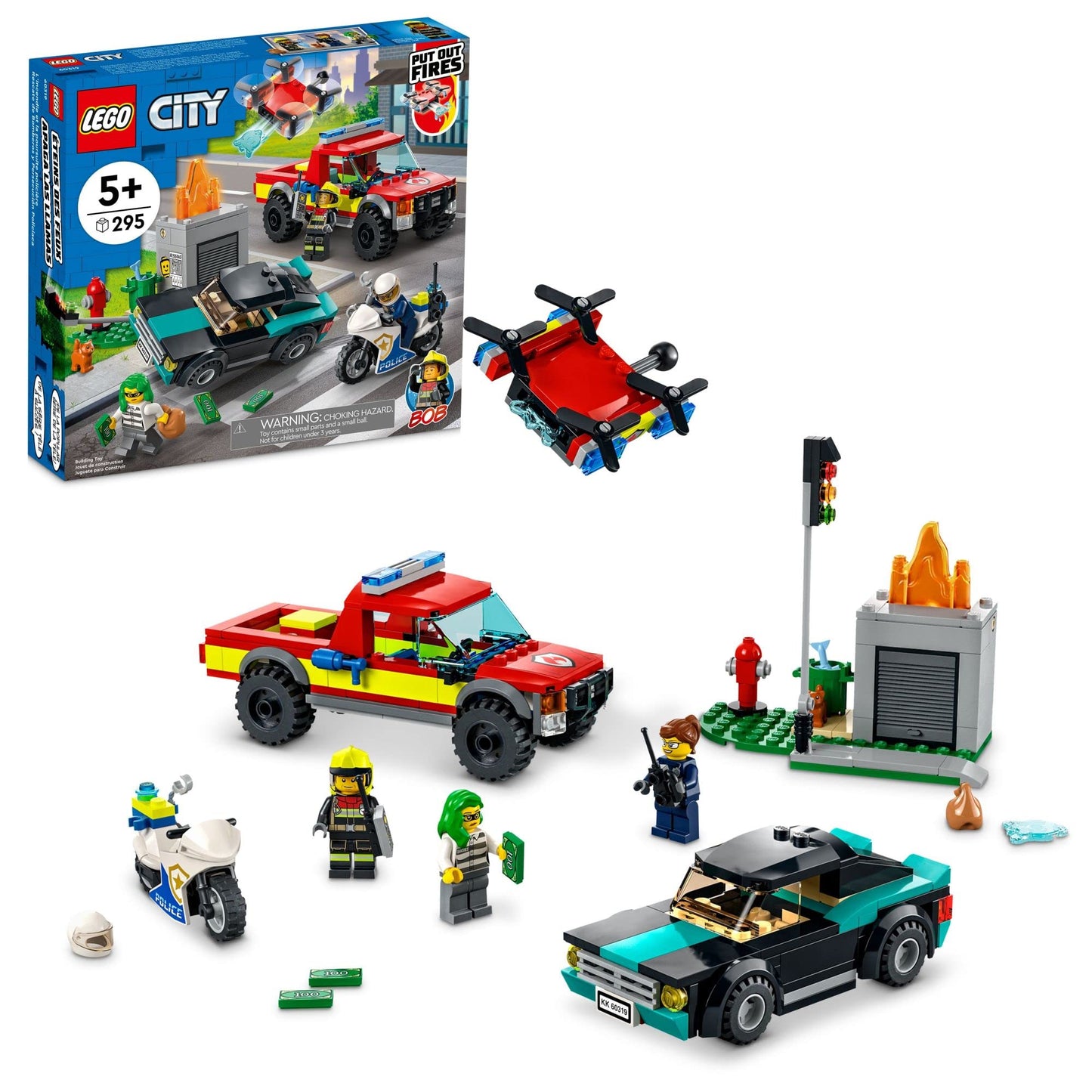 LEGO City Fire Rescue & Police Chase Building Set 60319 - Kid's Fire & Police Build, Featuring 3 Minifigures, Emergency Truck, Patrol Car, Motorcycle