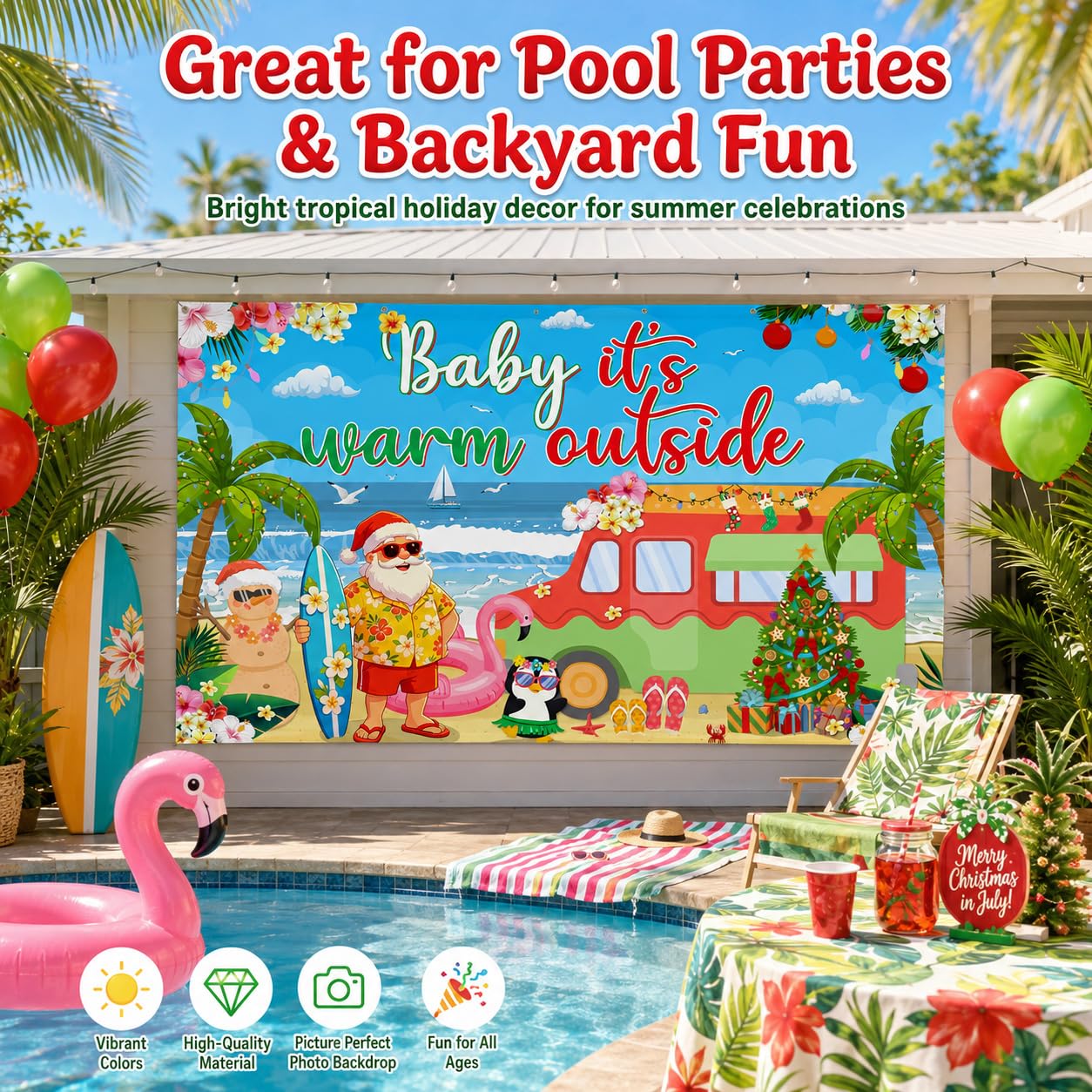 Christmas in July Backdrop 72x43 Inch Polyester Fabric, Baby Its Warm Outside Summer Santa Beach Party Decorations, Tropical Holiday Photo Background