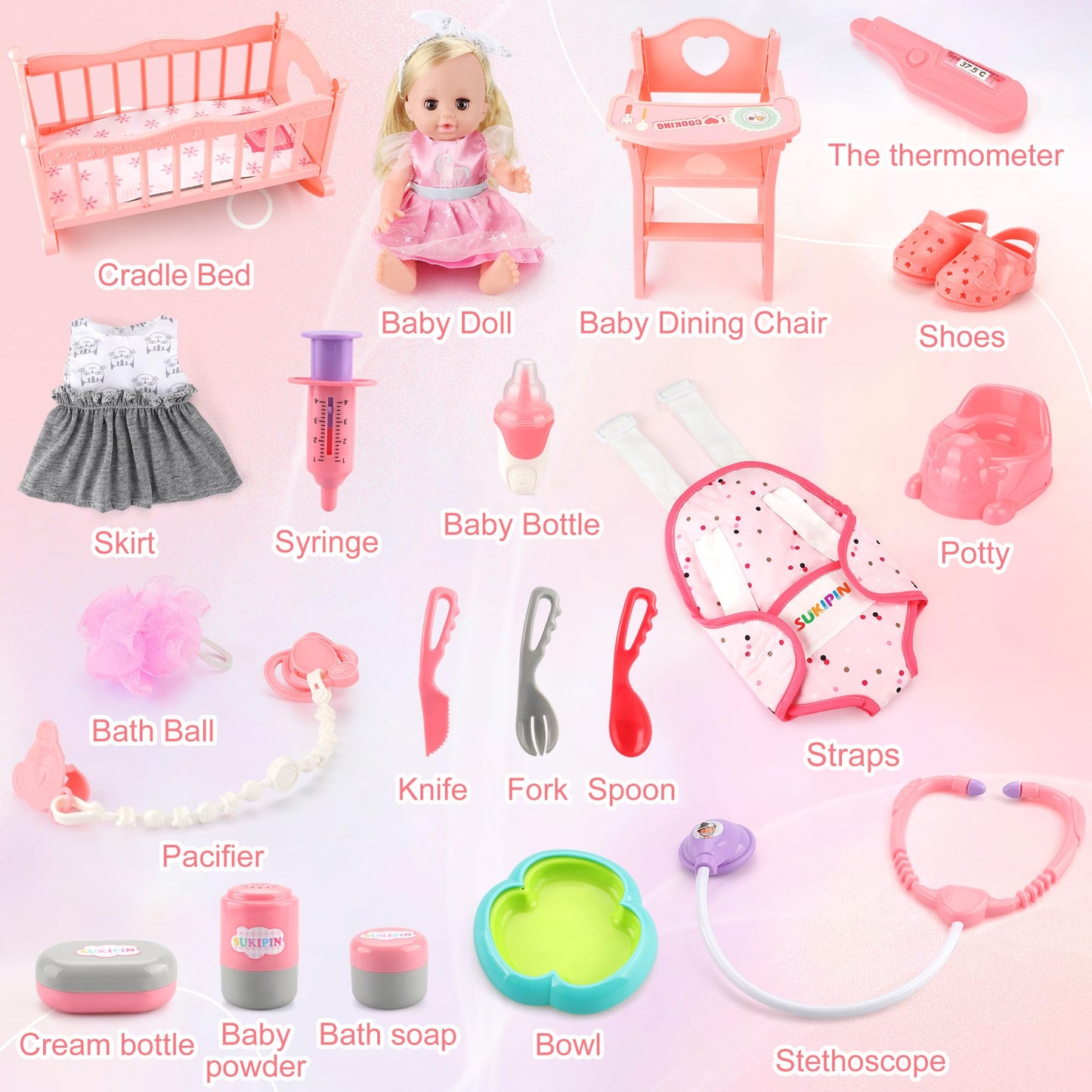 SUKIPIN Baby Doll Set, Baby Dolls for 5 Year Old Girls, Baby Doll with Accessories for Birthday Gifts Stocking Stuffers Easter Basket Stuffers (Doll