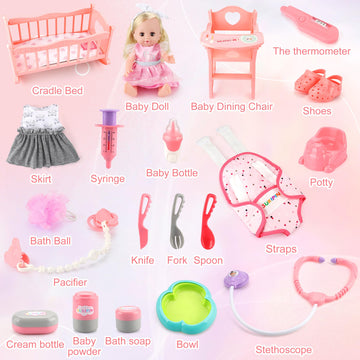 SUKIPIN Baby Doll Set, Baby Dolls for 5 Year Old Girls, Baby Doll with Accessories for Birthday Gifts Stocking Stuffers Easter Basket Stuffers (Doll